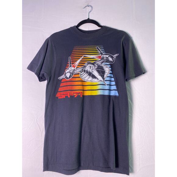 Vintage 80s SR-71 Blackbird Single Stitch Art Black Graphic Print T-Shirt Medium - Picture 1 of 2
